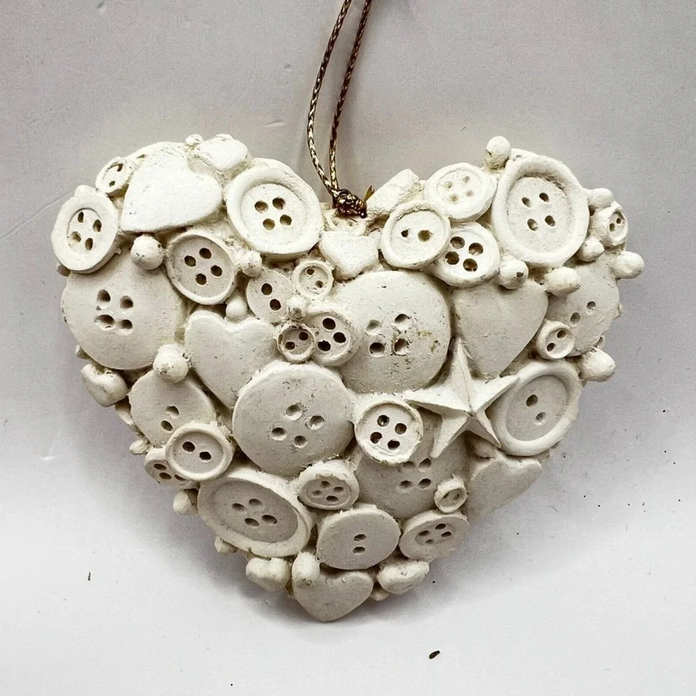 Handmade Vintage Heart-shaped Clay Bisque Button, Star & Heart Ornament 3.5x3,5